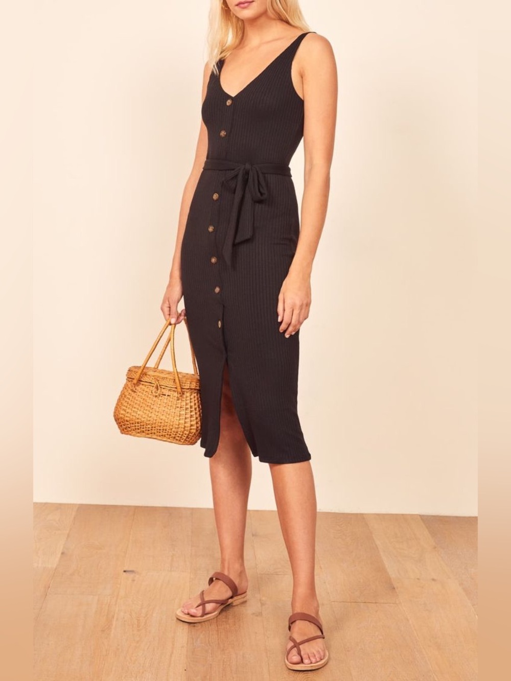 Reformation Jeans Ribbed Bodycon Button Down Black Sleeveless Stretch Dress L